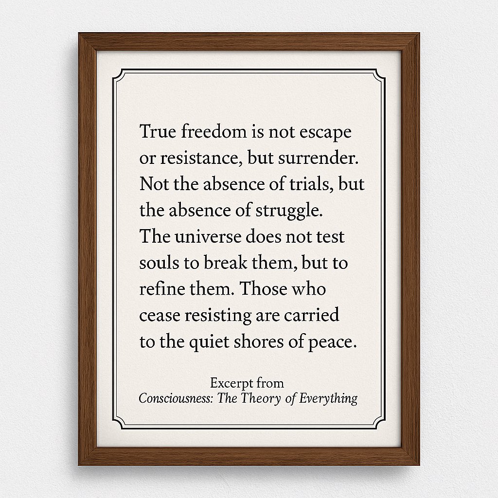 True freedom is not escape or resistance. When struggle ends, peace begins. Excerpts from the book Consciousness: The Theory of Everything 

#Philosophy #Mindfulness #Consciousness