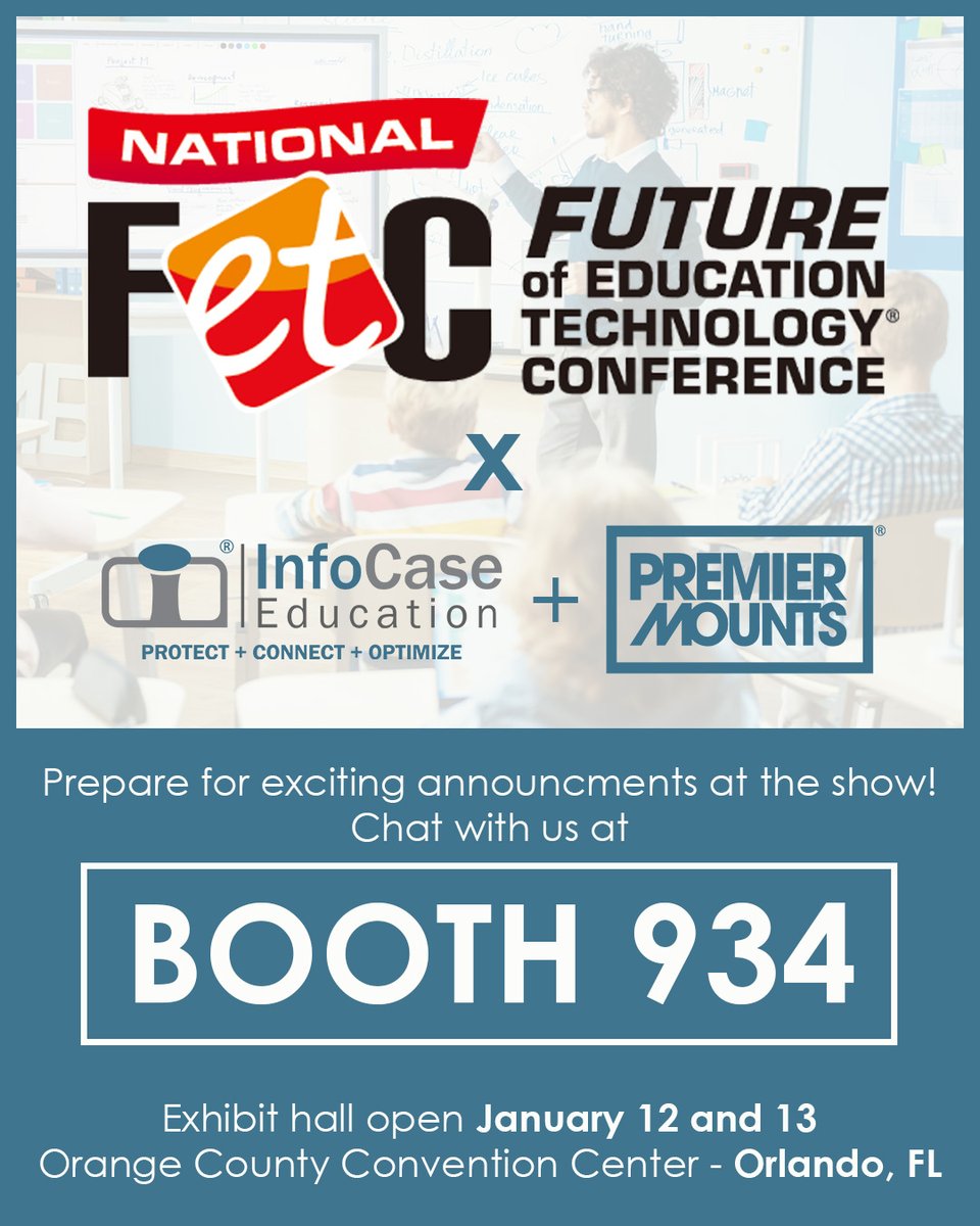 #InfoCase is headed to #FETC2026 next week with <a href="/PremierMounts/">Premier Mounts</a> ! 🎉
💡We're thrilled to show off our latest solutions designed for today’s classrooms and talk the future of #EdTech.
📍Visit us in Booth #934 and stay tuned for a game changing announcement. See you there! 👋