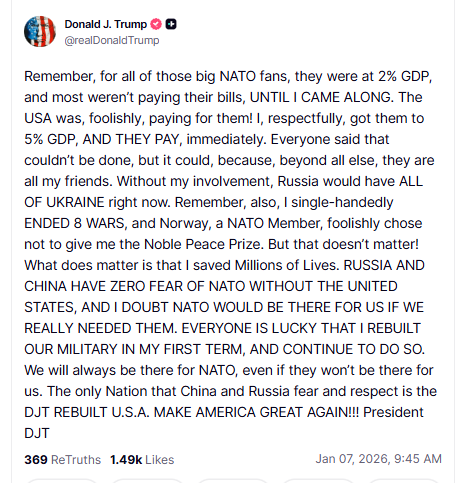 OKnox's tweet image. As Denmark warns that American military action to take Greenland would collapse NATO, Trump says "I DOUBT NATO WOULD BE THERE FOR US IF WE REALLY NEEDED THEM."

The only time the alliance has invoked its mutual-defense provision was to support the US after 9-11.