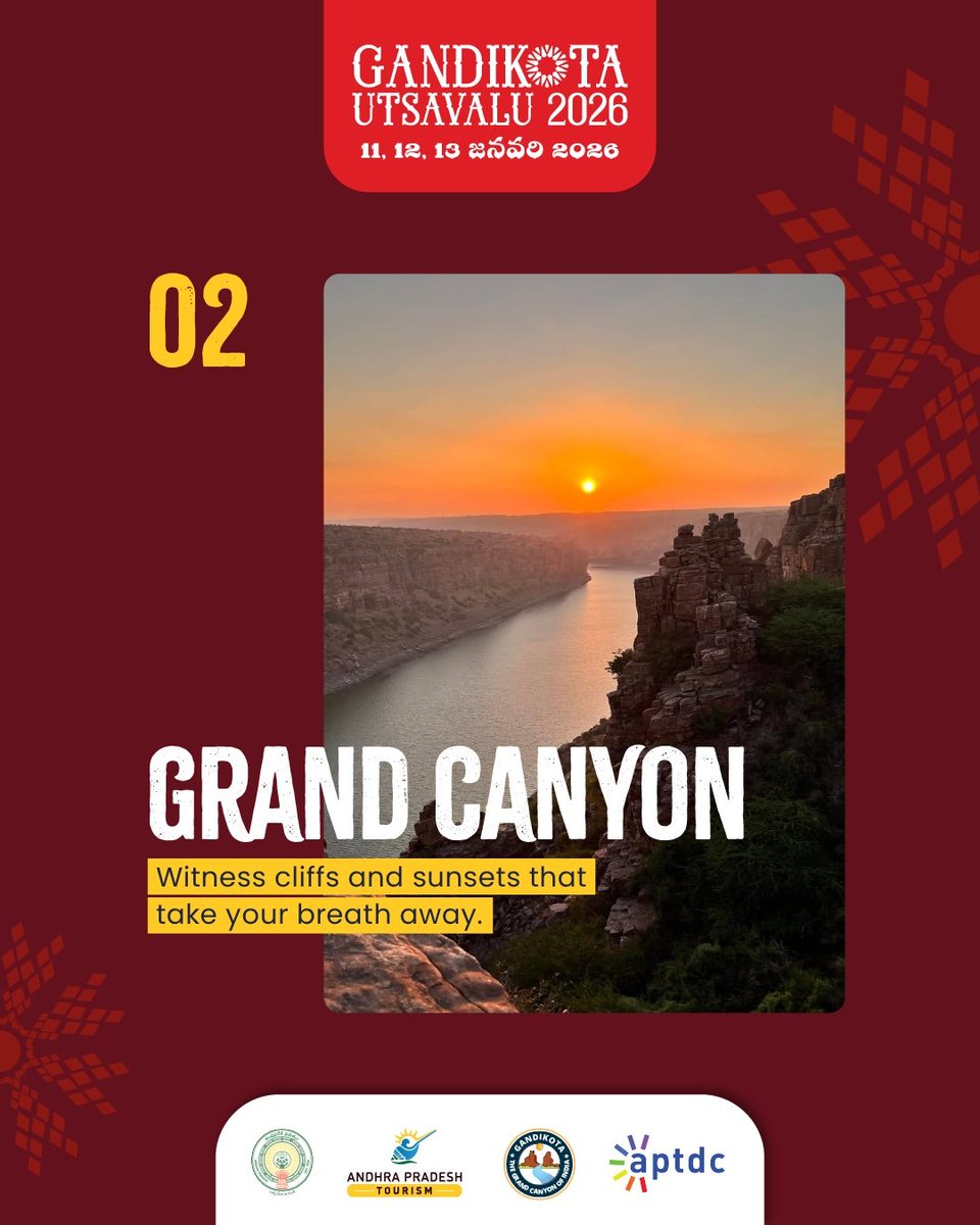 Tourism_AP's tweet photo. Experience Andhra Pradesh’s grandest celebration—the Gandikota Festival! ⛺✨🗓️ Jan 11–13, 2026
📍 GandikotaCamping, culture & the Grand Canyon of India await. Don't miss out! 🌄#GandikotaFestival #ExploreAP #AndhraTourism https://t.co/Mf31R3jTOF