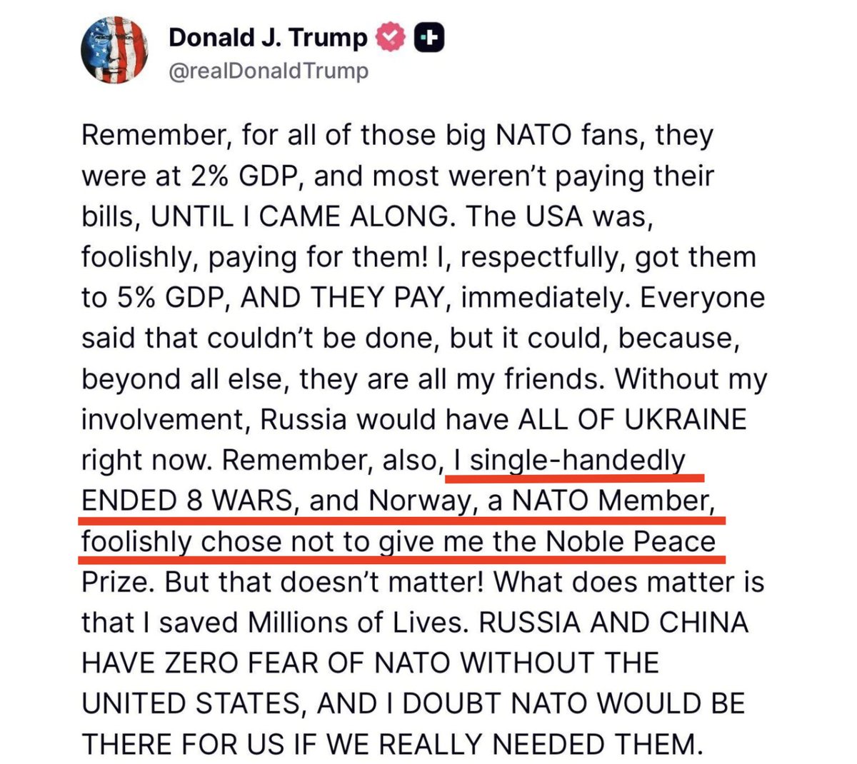 BREAKING:  Trump criticizes NATO for not giving him the Nobel Peace Prize.

What a pathetic, childish, egotistical, piece of crap.