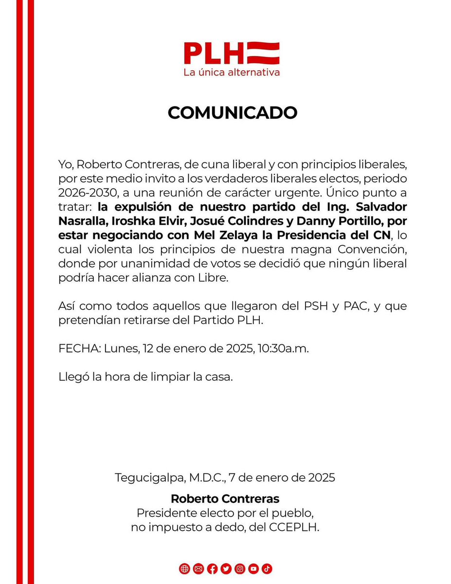 comunicandres's tweet image. 🇭🇳 Partido Liberal de Honduras convoca reunión para expulsión del excandidato presidencial @SalvaPresidente por supuestas negociaciones con @manuelzr para mayorías en Congreso. Todo en medio de las reclamaciones de resultados al Tribunal Electoral.