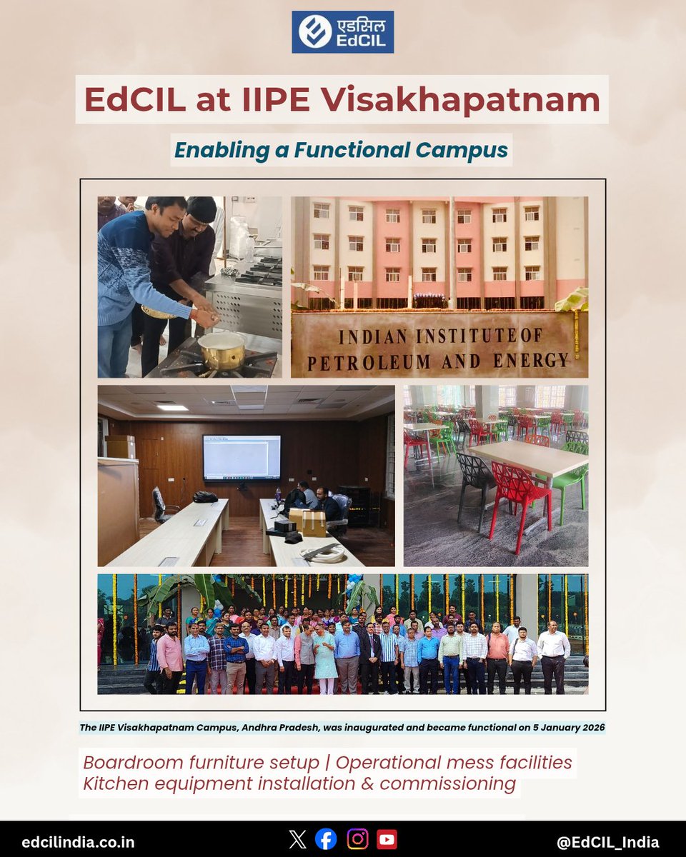 EdCIL_India's tweet image. EdCIL at IIPE Visakhapatnam 🇮🇳

Supporting the operationalisation of the IIPE campus with essential infrastructure and facilities. 🏫

The campus became functional on 5 January 2026. @IIPE_vizag 

#EdCIL #CampusDevelopment
#ViksitBharat #EducationInfrastructure @EduMinOfIndia