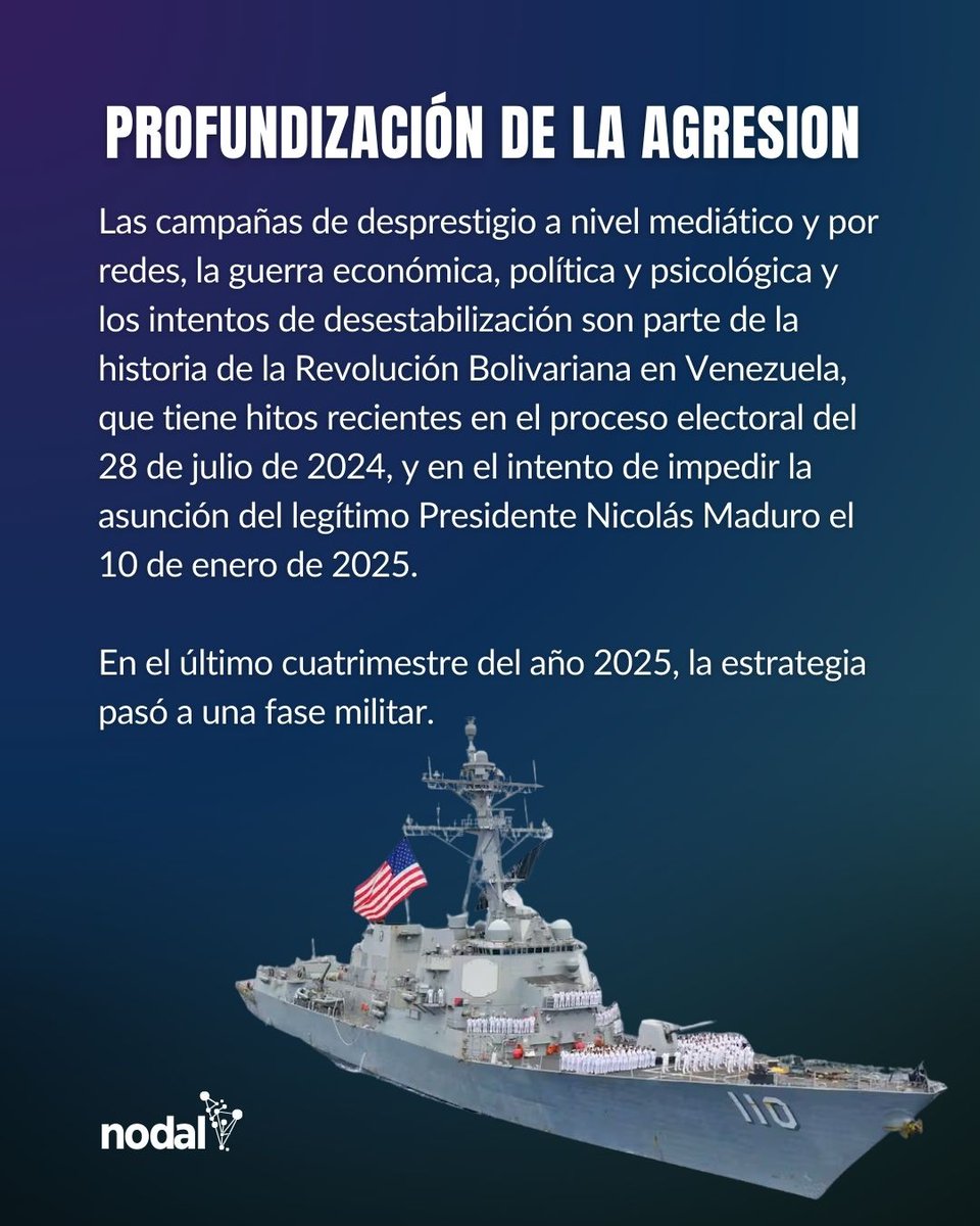 🇻🇪#VENEZUELA: UNA HISTORIA DE AGRESIONES

La ofensiva contra Venezuela no es nueva. Tras años de #guerra económica, mediática y política, en 2025 la estrategia pasó a una fase militar.

🧵1/6