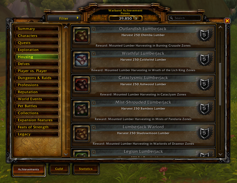 In Midnight (currently not in pre-patch) there are new achievements that require collecting 250 Lumber from a specific expansion. Finishing these unlocks the ability to gather Lumber while mounted in that expansion’s zones.

Right now it is unclear if this will be retroactive. It