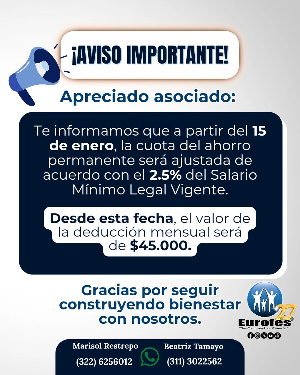 Apreciado asociado 🤝
Te informamos que, a partir del 15 de enero 📅, el aporte y ahorro permanente será ajustado de acuerdo con el 2.5% del Salario Mínimo Legal Vigente 💼.

Desde esta fecha, el valor de la deducción mensual será de $45.000

#EUROFES #Ahorro #Aportes #Guarne