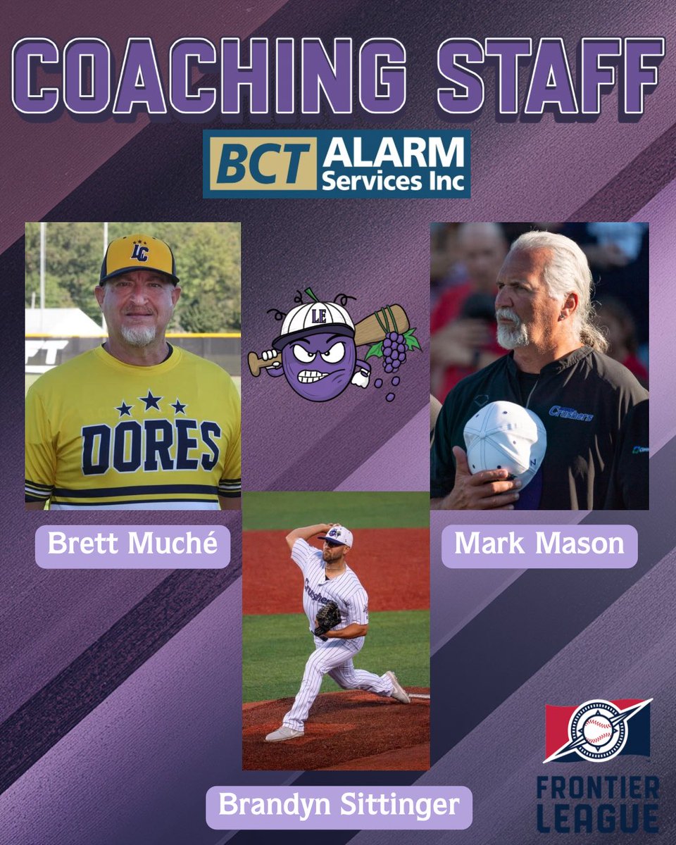 LECrushers's tweet image. Our 2026 coaching staff is now set! 🍇 

Mark Mason returns as the bench coach, Brandyn Sittinger is now a player/pitching coach, and new addition Brett Muché joins the team as the hitting coach.

Full release: lakeeriecrushers.com/news/crushers-…