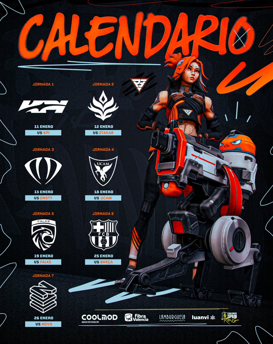RambootClub's tweet image. Esta es nuestra hoja de ruta para llevar a Valencia a lo más alto de la Rising🔥

📅[11/01] vs @KPI_WORLD 
📅[12/01] vs @Otakar_esports 
📅[13/01] vs @DNSTYgg 
📅[18/01] vs @UCAM_esports
📅[19/01] vs @FALKE_EC 
📅[25/01] vs @FCBeSports 
📅[26/01] vs @NOVOEsports 

¡Nos vemos en…