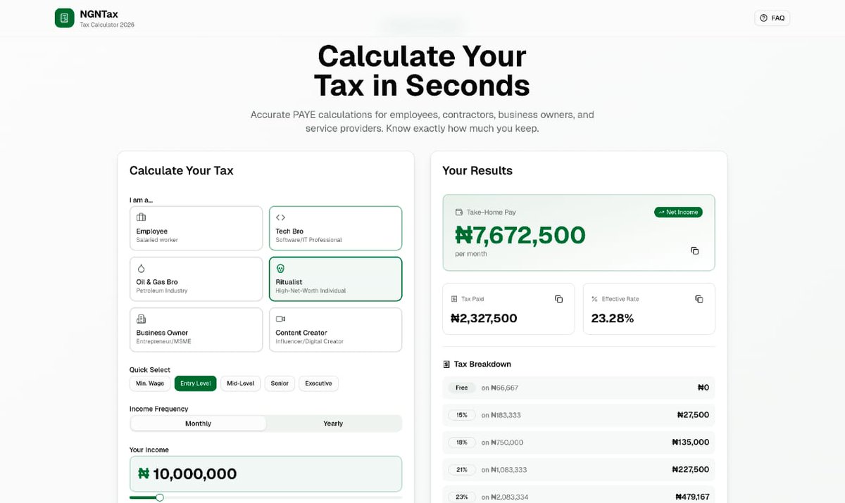 I built a Tax Calculator for Nigerians.

I'm turning it into a ChatGPT App today.

You'd be able to use it right inside ChatGPT whenever you want.

Right now it's live and free to use, try it out: ngntax.vercel.app

P.S. The "FAQs" section is very useful.

Built using <a href="/v0/">v0</a>