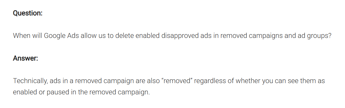MarkBppc's tweet photo. @NeptuneMoon @adsliaison Thank you so much for taking my question! Ginnie, enabled disapproved ads in removed campaigns/ad groups forever sit in the policy manager firing out disapproved email alerts and they can't be cleared. Please let us remove enabled disapproved ads in removed campaigns/ad groups. https://t.co/hjkNL9DOwz
