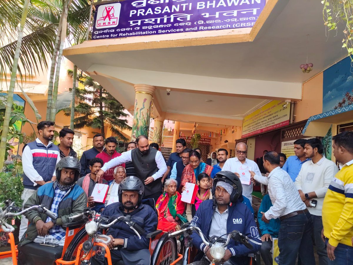 #EmpowermentsofPwDs 
Hon’ble MLA, Bhadrak Sj. Sitanshu Sekhar Mohapatra along with DSSO and SSSO distributed 03 nos. of Battery operated Tricycles and 5 pairs of Progmble Hearing aids to the PwDs for enhancing mobility, independence, besides addition to the inclusion process .