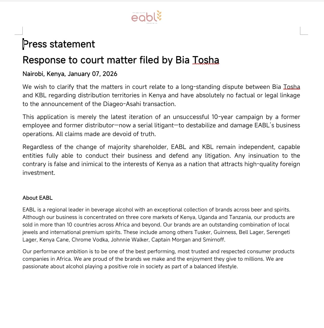 indemosz's tweet image. EABL clarifies that the Bia Tosha court dispute predates the Diageo-Asahi transaction and concerns distribution territories only. All claims linking it to the transaction are false. #FactsNotClaims #EABL