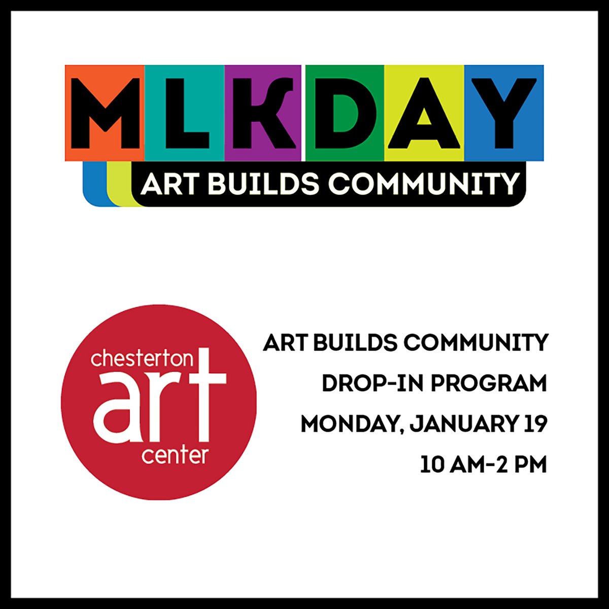 Create word-based art, watch a letterpress demo, and attend an all-ages storytelling event at Chesterton Art Center's 3rd Annual MLK Day Celebration. 

The event takes place on 1/19, from 10 AM–2 PM. This is a free event, but registration is requested at chestertonart.org