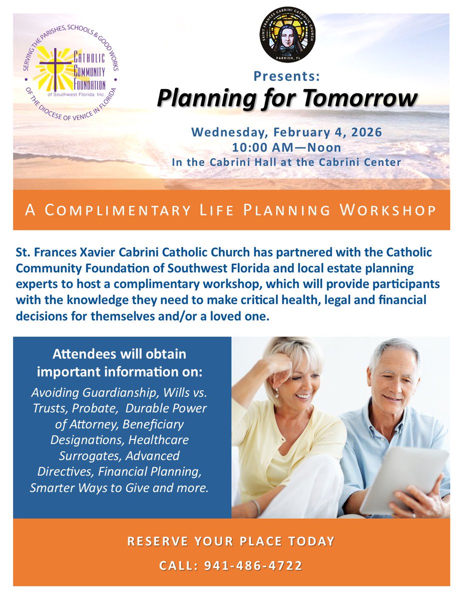 We are excited to share that we partnered with St. Francis Xavier Carbini Catholic Church for a Life Planning Seminar on Wednesday, Feb. 4, starting at 10:00 AM in the Carbini Hall.

Please RSVP by calling (941)486-4722.