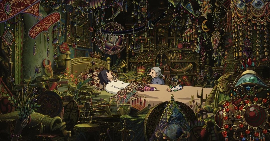 La chambre de Hauru, j aimes tellement tout les petits détails de cette scène. 
Sa chambre est encombré et saturé, casiment irrespirable, à l'image de son esprit.