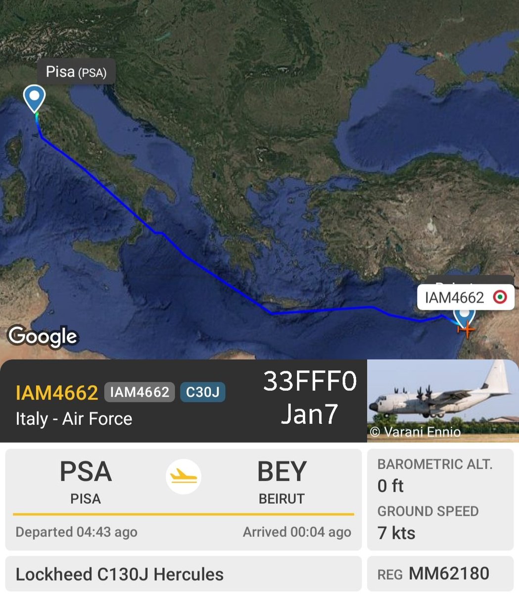 LebanonJets's tweet photo. 1st #Italy AirForce C130 of the year #MM62180 #33FFF0 from Pisa to Beirut and back as #IAM4662 as of Jan4 Italy has 1,103 troops in Lebanon for #UNIFIL (+4 from last official count 1,099 on Nov20) https://t.co/e2SIpOzv4d