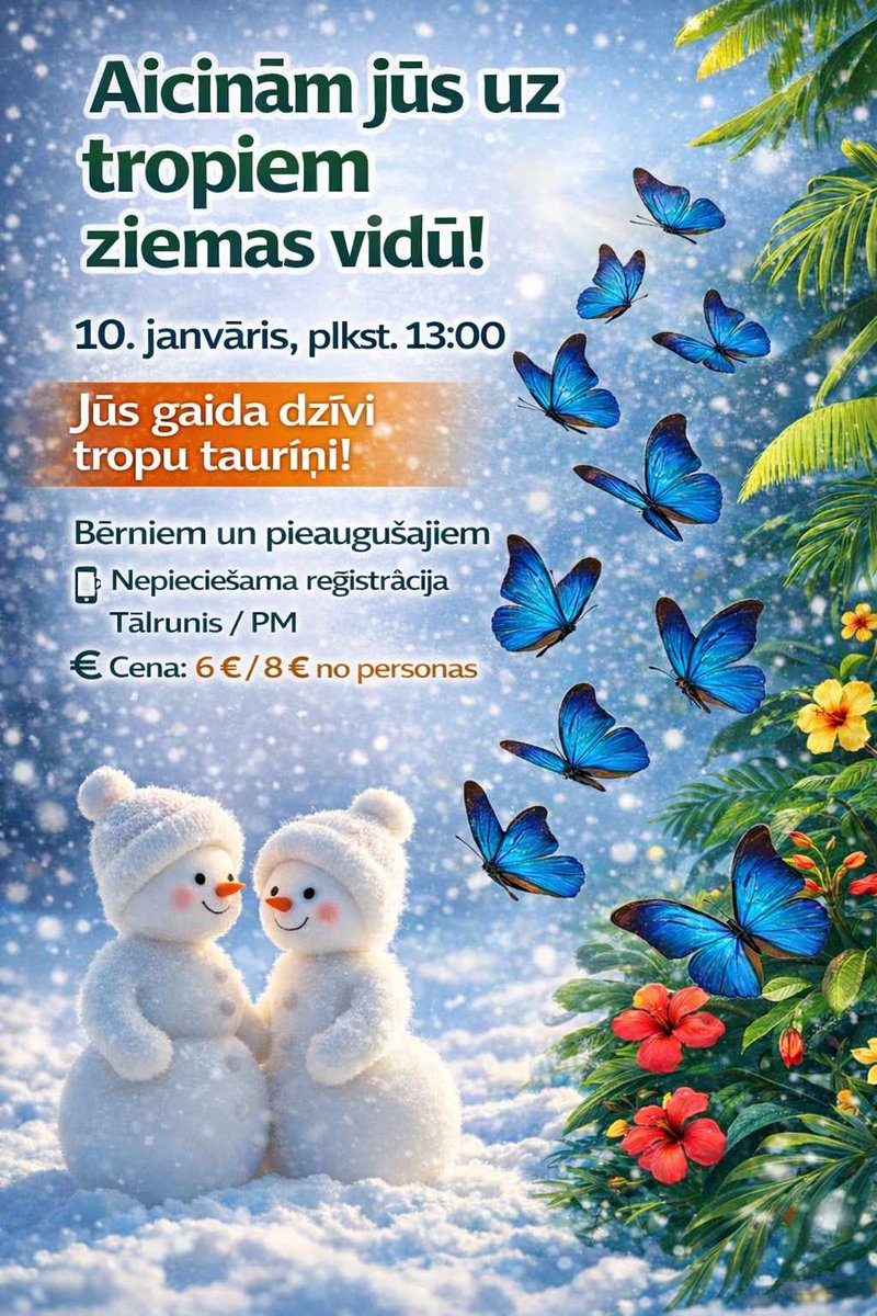 📌10. janvārī no plkst. 13.00 tauriņu studijā "FlyFly.lv" notiks ekskursija. 
📞Pieteikšanās pa tālr.: 22108432.
➡️Informācija: visitdaugavpils.lv/pasakumi/celoj…

#daugavpils #visitdaugavpils #kodarītdaugavpilī #daugavpils2026 #apskatesvietas #aktualitātes #ziema #janvāris