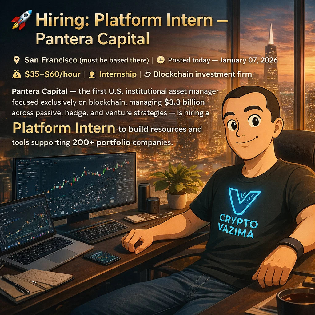 🚀 Hiring: Platform Intern — Pantera Capital 📍 San Francisco (must be  based there) | 💼 Internship | 🧑‍💻 Blockchain VC platform | 💰  $35–$60/hour Pantera Capital (first U.S. blockchain-focused asset manager,