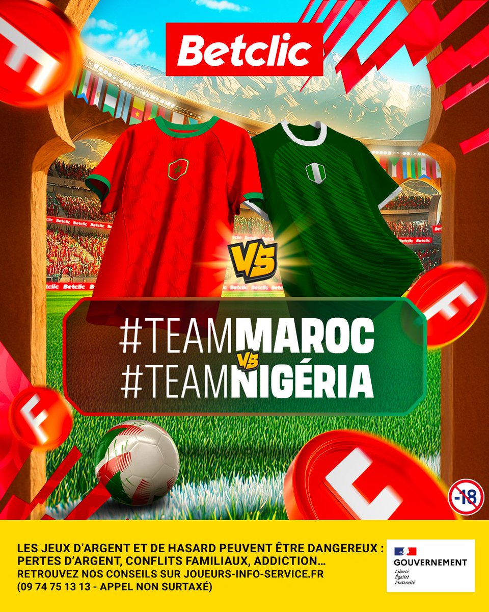Betclic's tweet image. 🇲🇦 #TeamMaroc ou 🇳🇬 #TeamNigéria ? 👀

Qui s'envolera en finale dans cette #CANdesRÉSEAUX 🤩

💬 Commente avec le # de l’équipe que tu veux qualifier + ton pseudo Betclic + répond au sondage en dessous

🍀 5 x 20€ de Feebets* à gagner parmi la commu gagnante
