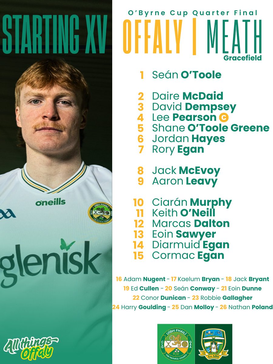 AllThingsOffaly's tweet image. Offaly team named 💚🤍💛

The Faithful County line out tonight for the O’Byrne Cup Quarter Final clash with Meath 🏐

Big test. Big night. A place in the semi-finals up for grabs 🔥

Follow @allthingsoffaly for team news, match updates &amp;amp; full-time reaction.