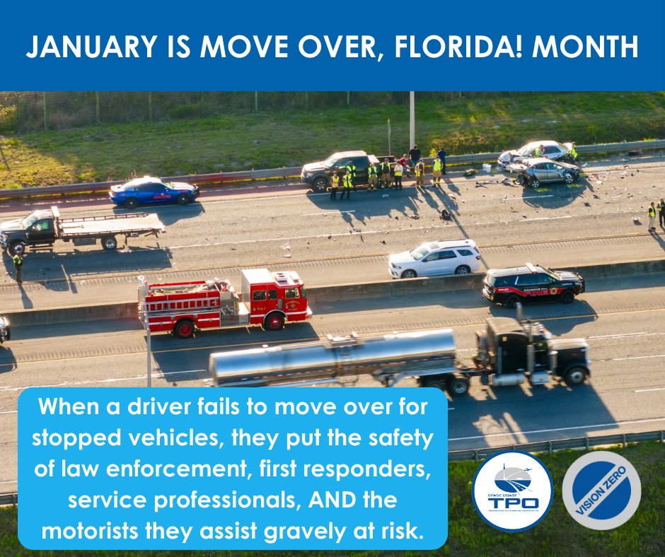 SpaceCoastTPO's tweet image. January is Move Over, Florida! Month, and we’re officially 7 days in.

This month is all about raising awareness of Florida’s Move Over law and reminding drivers how small actions can make a big difference in safety on our roadways. ⚠️🛑🚗

#MoveOverFlorida #VisionZero