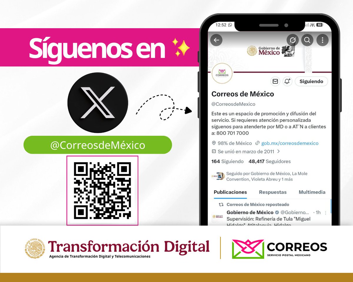 CorreosdeMexico's tweet image. 📲 En #CorreosDeMéxico también estamos en digital.

✉️ Síguenos en X y entérate de servicios, noticias y contenidos que conectan a todo el país.
La tradición también evoluciona. 💛📮

👉 x.com/CorreosdeMexico

#Conectados #PlataformasDigitales