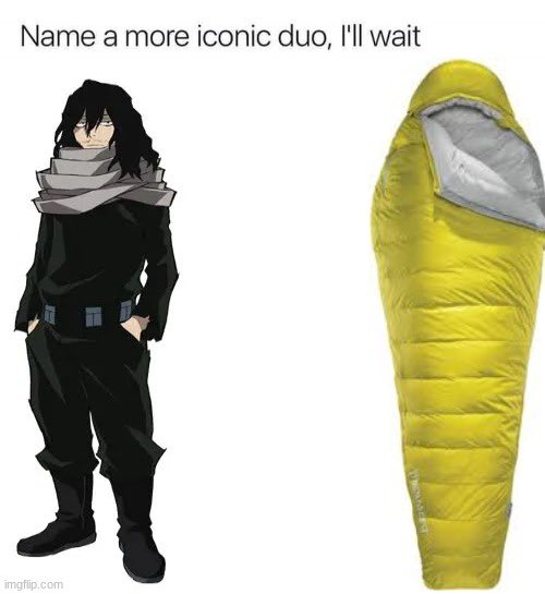 Nearishere's tweet image. Name a more iconic duo, I'll wait 👀

Aizawa and his beloved yellow sleeping bag. The ultimate power couple of My Hero Academia. 💤🛌