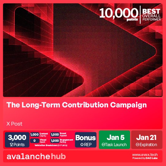 📘 AVAX Hub v2 Long-Term Contribution Campaign

Pick all your tweet links into a Doc and share the document to read-only.