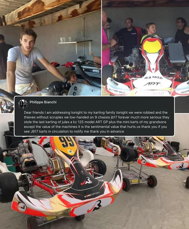 o pai do Jules Bianchi fez um post para dizer foi roubado e pedindo ajuda para achar os itens

 dentre os vários karts levados, um era do próprio Jules (peça com enorme valor sentimental)

esse tipo de coisa lamentável que faz perder a esperança

"Queridos amigos,

Estou me