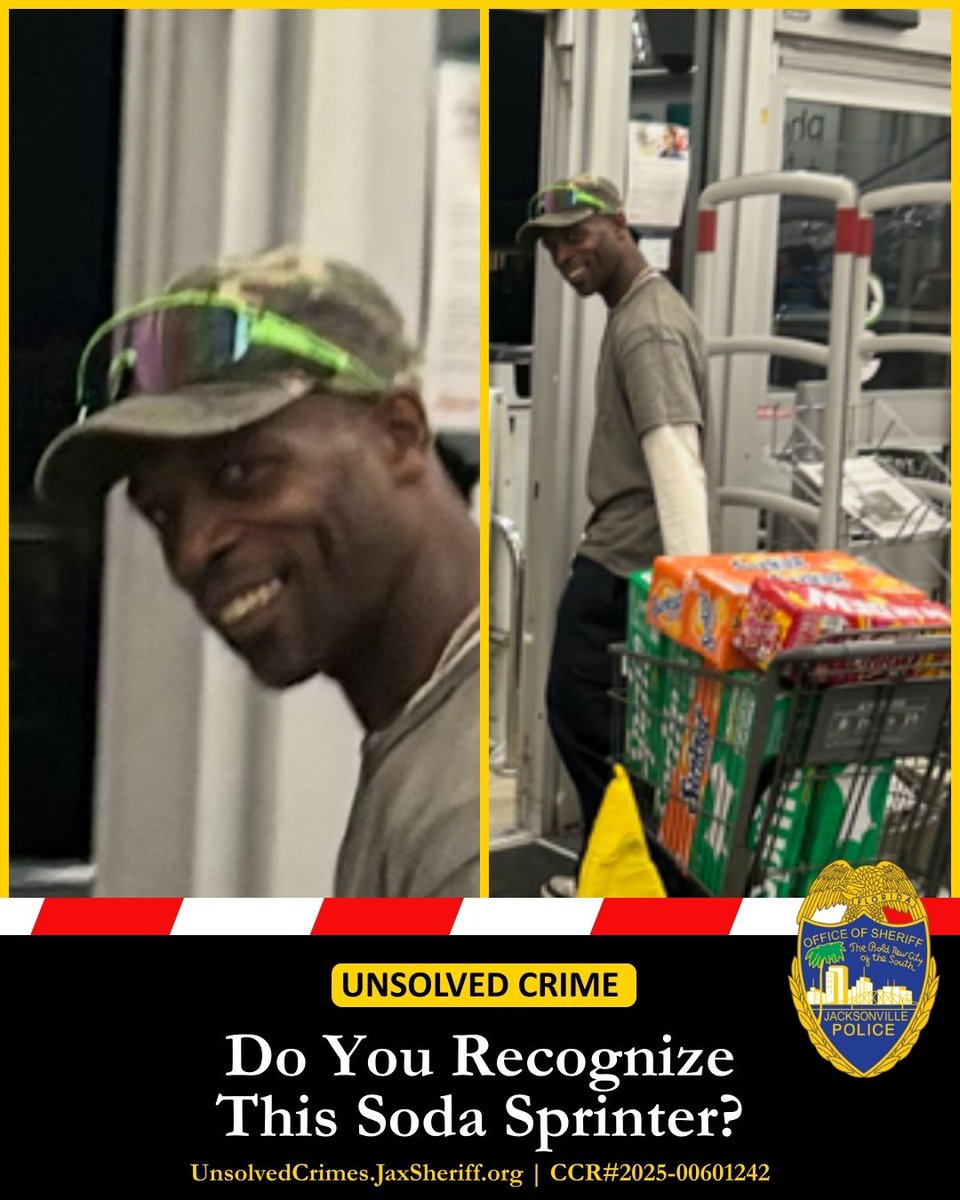JSOPIO's tweet photo. 𝐖𝐚𝐧𝐭𝐞𝐝 𝐖𝐞𝐝𝐧𝐞𝐬𝐝𝐚𝐲: 𝐃𝐨 𝐘𝐨𝐮 𝐑𝐞𝐜𝐨𝐠𝐧𝐢𝐳𝐞 𝐓𝐡𝐢𝐬 𝐒𝐨𝐝𝐚 𝐒𝐩𝐫𝐢𝐧𝐭𝐞𝐫?
We spotted you at a Hogan’s Creek convenience store on North Davis Street, smiling at the camera like you knew you were doing something you definitely shouldn’t have.

Not to mention, you looked very proud of yourself as you rolled away with a whole cart full of soda you didn’t pay for. It seems you like to recycle your crimes, because this wasn’t even your first time.

We know you probably thought that camo hat would help you stay low key. Unfortunately, that didn’t work. We could still see you, your smile, and all of those soda packs in that cart.

Last year, you stopped by this same store about five times, mostly on Thursdays and Fridays. At this point, it’s giving inside joke and we would really like to be in on it. Each visit followed the same routine. Fill the cart, skip the checkout, and head out with $100 worth of merchandise like it was no big deal.

When it was time to leave, you didn’t hop in a car. You ran off holding that soda like it was your prize for committing a crime. It’s time to can it.

If this soda sprinter looks familiar, please call us at 904.630.0500. Want to stay anonymous? You can call First Coast Crime Stoppers at https://t.co/3EqITz7Fmi. Your tip could earn you cash to stock up on your favorite drinks.

Don’t know him? You can still help by visiting our Unsolved Crimes page.

🔗: https://t.co/EY1sL01JPf