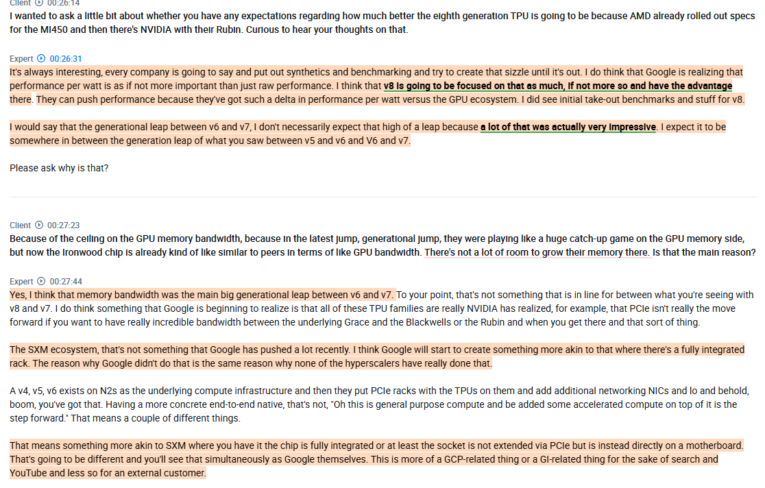 RihardJarc's tweet photo. A MUST-read interview with a former $GOOGL employee who worked on TPUv5,v6, & v7 on TPUs vs GPUs. I will be posting the interview in two parts, the first one today and the second one tomorrow:

1.  According to him, $GOOGL TPUs are 20-30% more cost-efficient on perf per watt vs the GPU alternative. He mentions that if you are using an Ironwood pod vs an $NVDA NVL72 B200, the TPU pod consumes 30% less power. Part of it is the smaller die, but he believes that even if the die size were the same, the power draw of an ASIC would still be smaller than a GPU.

2.  Part of $GOOGL's edge with TPUs is that they were designed for liquid cooling from the start. He believes $GOOGL's data centers are currently far more efficient with liquid-cooled TPUs than any customer spinning up a Blackwell with liquid cooling.

3.  He agrees that Mixture of Expert models (MOEs) are running less efficiently on TPUs than some of the denser models. He thinks that the main reason for that is that they weren't designed for that, but at the same time, MoE models have so far been optimized around GPUs with the help of the »DeepSeek moment«. TPUs are not yet available to people for experimentation.

4.  In his view, $GOOGL would only need a year to change the architecture to handle MoEs better.

5.  He thinks that over time, the 95% market share of $NVDA will go down to 80-75% with $GOOGL TPUs taking a significant share of 20-25%. He believes that a substantial share of the gains for  $GOOGL's TPUs will also come from $AMD. He thinks $NVDA will trigger a pricing war to improve its TCO. With it, he believes the $NVDA margin will come down substantially.

6.  One of the main things $GOOGL needs to do if it wants to sell TPUs externally is to improve its PyTorch support and the gaps there. He believes these gaps will be addressed. At the same time, he thinks the lack of CUDA support on TPUs is a smaller problem than it is for $AMD. The value proposition of TPUs is their greater energy efficiency, driven by their architecture; $AMD doesn't offer that.

7.  When it comes to TPUv8, he thinks that $GOOGL is realizing that performance per watt is more important than raw performance and that v8 will be focused on that as much, if not more so, and have the advantage there: »They can push performance because they've got such a delta in performance per watt versus the GPU ecosystem«. At the same time, he doesn't expect the leap between v7 and v8 to be as big as the leap was between v6 and v7. The main leap from v6 to v7 was the memory bandwidth.

8.  He thinks $GOOGL will move more towards an SXM ecosystem to have a chip fully integrated or at least the socket not extended via PCIe but instead directly on a motherboard.

found on @AlphaSenseInc 

I will publish the second part tomorrow, where he explains the key advantage of TPUs.