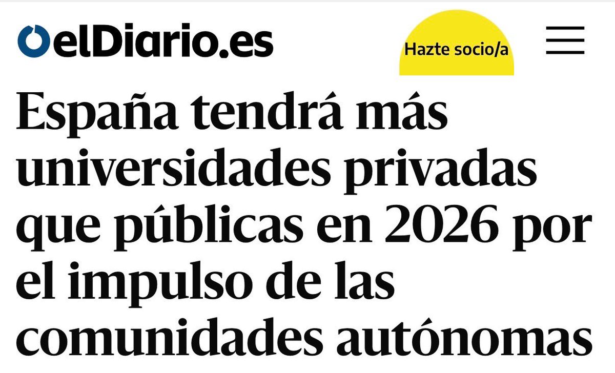 En Madrid ya hay 14 universidades privadas frente a solo 6 públicas a las que Ayuso se está encargando de llevar a la quiebra.

El modelo del Partido Popular es la educación y los servicios públicos para el que se los pueda pagar.

eldiario.es/sociedad/espan…
