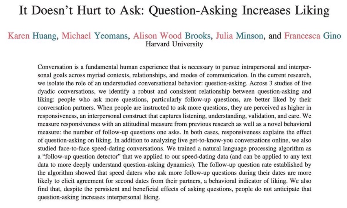 anasofiareall's tweet image. Se você quer que as pessoas gostem mais de você, faça mais perguntas.

Um estudo da Universidade de Harvard mostra que demonstrar interesse genuíno faz o outro se sentir ouvido e aumenta a percepção de cuidado.

O curioso é que a maioria não percebe isso e continua tentando…