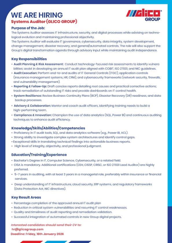 glicogroup's tweet image. We are hiring!
𝗦𝘆𝘀𝘁𝗲𝗺𝘀 𝗔𝘂𝗱𝗶𝘁𝗼𝗿 (𝗚𝗟𝗜𝗖𝗢 𝗚𝗿𝗼𝘂𝗽)

Interested candidates should send applications to:

𝗵𝗿@𝗴𝗹𝗶𝗰𝗼𝗴𝗿𝗼𝘂𝗽.𝗰𝗼𝗺
𝗯𝘆 𝐅𝐫𝐢𝐝𝐚𝐲 , 𝟭𝟔𝘁𝗵 𝐉𝐚𝐧𝐮𝐚𝐫𝐲, 𝟮𝟬𝟮𝟔.

#GLICOGroup
#recruitment