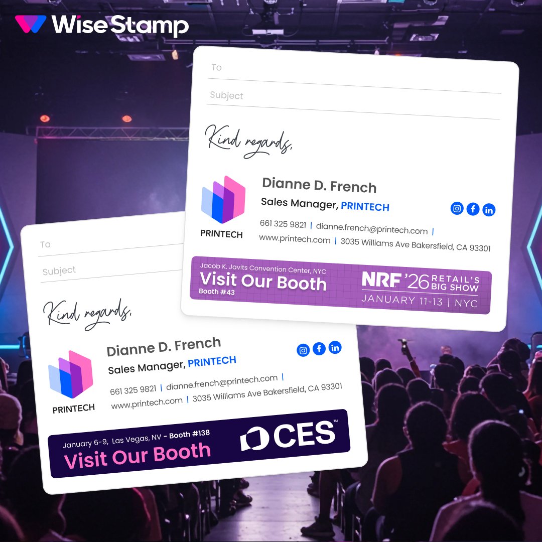 Conference season is here. 👋
𝘼𝙧𝙚 𝙮𝙤𝙪𝙧 𝙚𝙢𝙖𝙞𝙡 𝙨𝙞𝙜𝙣𝙖𝙩𝙪𝙧𝙚𝙨 𝙬𝙤𝙧𝙠𝙞𝙣𝙜 𝙖𝙨 𝙝𝙖𝙧𝙙 𝙖𝙨 𝙮𝙤𝙪𝙧 𝙚𝙫𝙚𝙣𝙩𝙨 𝙩𝙚𝙖𝙢?

Consider this: your team is sending hundreds (if not thousands) of emails a day. If you're not using email signature campaigns to:

✅