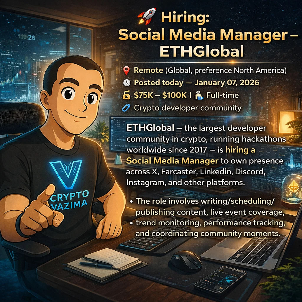 🚀 Hiring: Social Media Manager — ETHGlobal 📍 Remote (Global, pref. North  America) | 💼 Full-time | 🧑‍💻 Crypto dev community | 💰 $75K–$100K  ETHGlobal (largest crypto dev community, global hackathons) hiring
