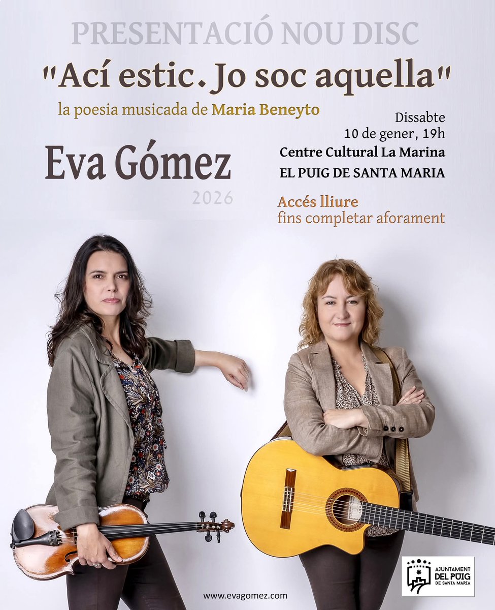 evagomezmusica's tweet photo. Concert PRESENTACIÓ DEL NOU DISC de poemes musicats de MARIA BENEYTO a El Puig de Santa Maria 💖 Gràcies pel vostre suport! Entrada lliure.
@AVLoficial
@AccioCulturalPV
@apunt_media
@RevistaSao
@ElTemps_cat
@Viasona
@cracksona9
@xavialiaga
#poemesmusicats #mariabeneyto #noudisc https://t.co/CXvrgdtcth