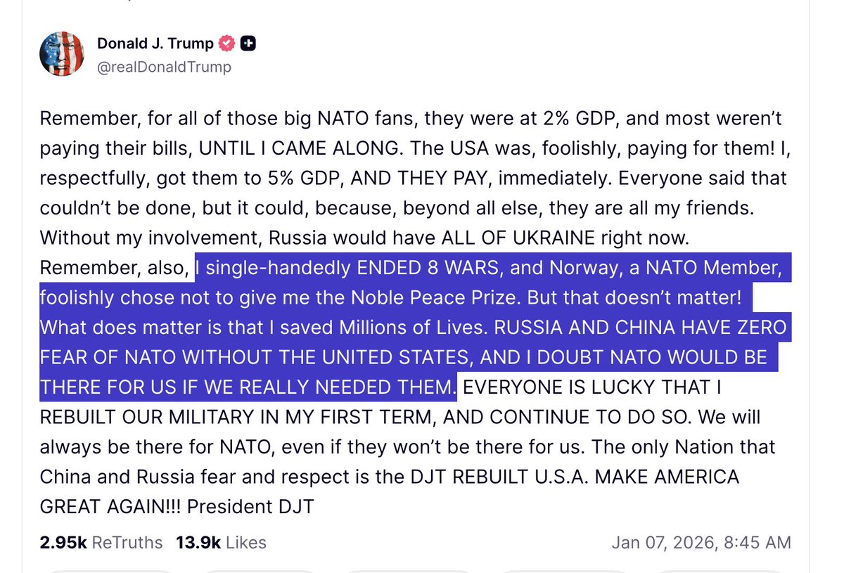 atrupar's tweet image. Trump: "I single-handedly ENDED 8 WARS, and Norway, a NATO Member, foolishly chose not to give me the Noble Peace Prize. But that doesn’t matter! What does matter is that I saved Millions of Lives. RUSSIA AND CHINA HAVE ZERO FEAR OF NATO WITHOUT THE UNITED STATES, AND I DOUBT…