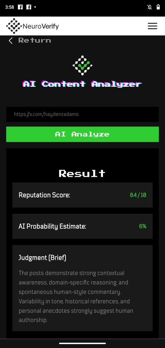 Christronictech's tweet photo. I just tried out the https://t.co/6CfJsaBHsy and it actually amazing this will actually detect an AI generated content and bot engagement on content on social media. But I couldn't insert my own link for analysing.
@NeuroV_hub
#NeuroVerify https://t.co/oTvCzHAefY