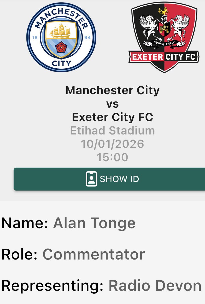 If you’re not one of the the near 8,000
Exeter City fans travelling to Man City we’d absolutely love your company on <a href="/bbcdevonsport/">BBC Sport Devon</a> as we steer you through the build up and match action  📻 🎤 ❤️

Let’s hope for at least one ‘get in you beauty’ 🙏

Cmon The Grecians 👊👊 #ecfc