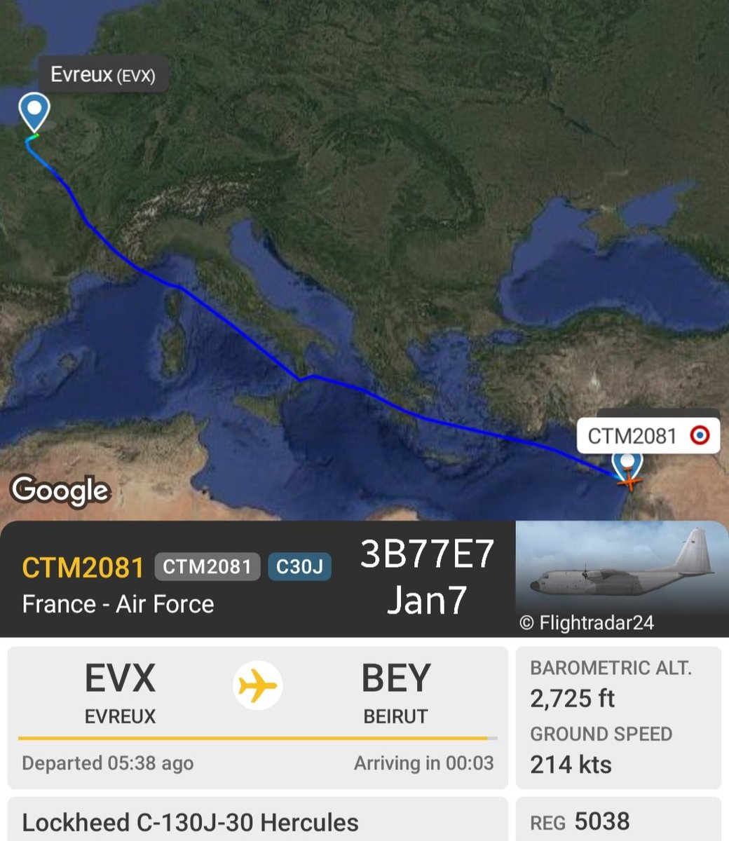 LebanonJets's tweet photo. #France AirForce C130 #61PO #3B77E7 from Evreux to Beirut as #CTM2081 ser#382-5836 was here on Mar29 with no ADSB track, today was fully visible at sunset https://t.co/67qS9uVWtH