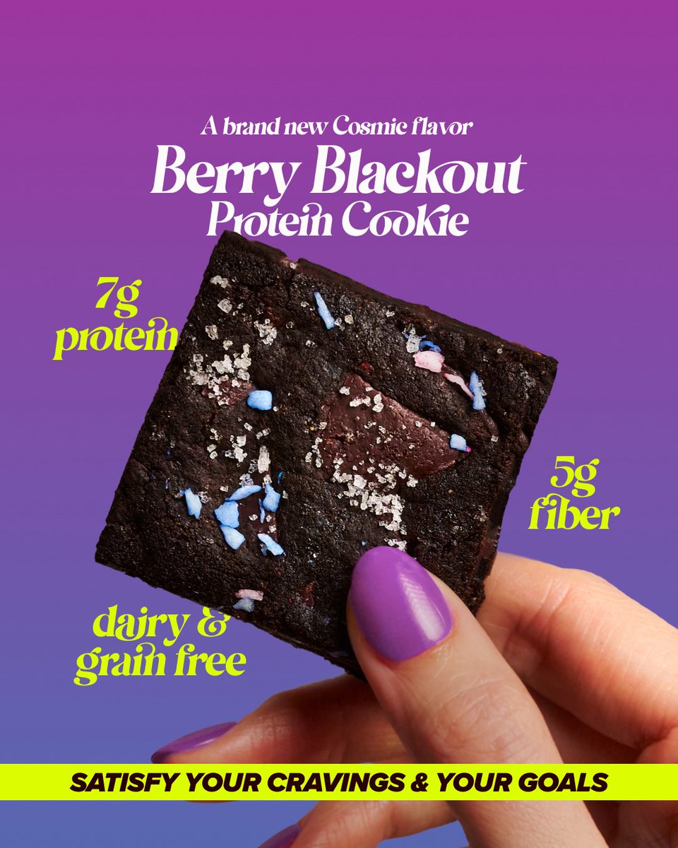 lexevan's tweet image. Our 3rd protein cookie just launched! 🍓

A brand new cosmic flavor.
Cosmic Forrest is now Berry Blackout.

A change from our vegan coconut oil base to our brand new almond butter base. Making this not only vegan, but also grain free &amp;amp; packed with 7g or protein per 1.65oz cookie.