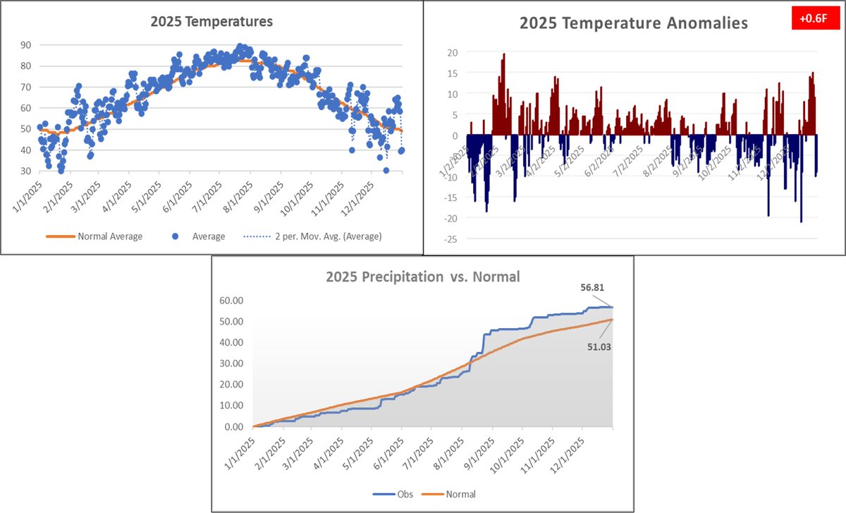 🚨2025 is in the books, finishing just above normal at my location in Charleston, SC.  We had a mix of 6 months above and below normal, but higher extremes. 69 days finished at 90F+ (61 in 2024) and 29 at 32F and below (17 in 2024).  Precip was also higher than normal.

#chswx