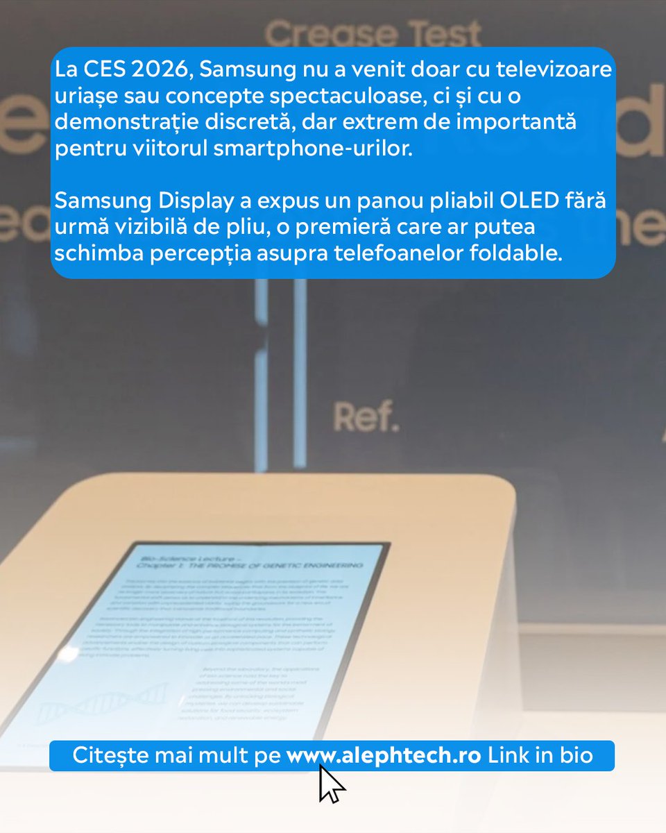 AlephTechNews's tweet image. Samsung afișează la CES un ecran pliabil fără urmă de pliu și cu cameră sub display — un pas major spre telefoane pliabile mai elegante și mai durabile.

Citește mai multe pe alephtech.ro

#samsung #creasefree #foldabledisplay #ces2026 #oled