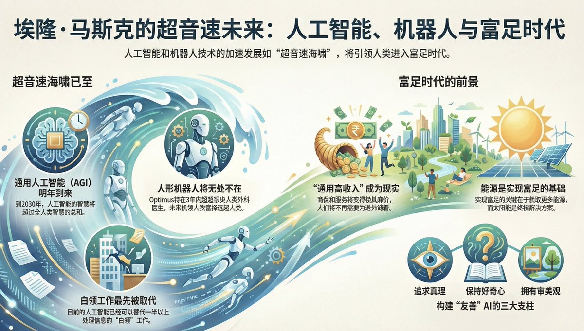 Elon Musk最新3小时访谈要点快读: AI奇点:我们已身处奇点，通用人工智能AGI明年或将实现。未来物质将极大丰富，但未来3-7年的过渡期充满动荡。  未来经济模式:AI和机器人将首先取代所有信息处理(白领)工作，最终实现“普遍高收入UHI”，人人可按需获取几乎所有商品与服务 ...