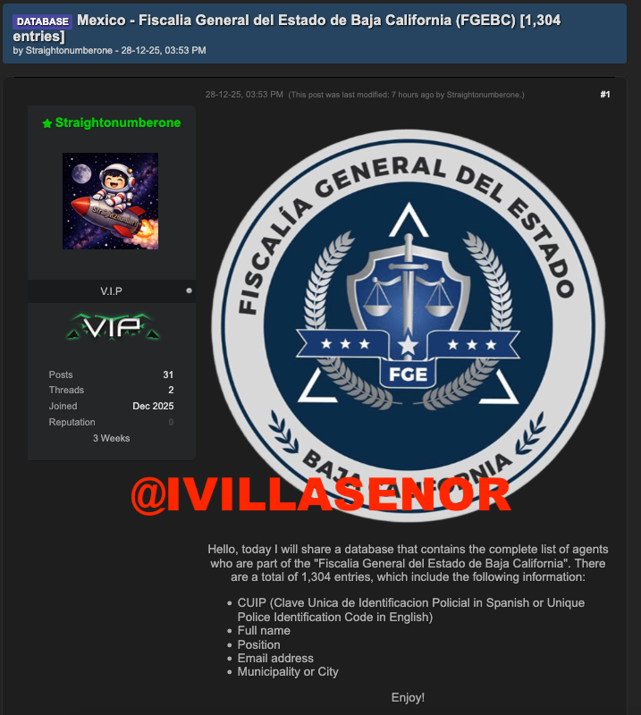 ivillasenor's tweet photo. 🔴 | Filtran datos de agentes de las fiscalías de Estado de México y Baja California en foro criminal

El usuario Straightonumberone ha filtrado información que permitiría ubicar a agentes y funcionarios. En Edomex, se expone a 1,797 personas, en BC a 1,304.

Es más sensible el caso de BC, considerando que además del nombre, cargo y ubicación de trabajo, se integra la clave CUIP y correos electrónicos personales.