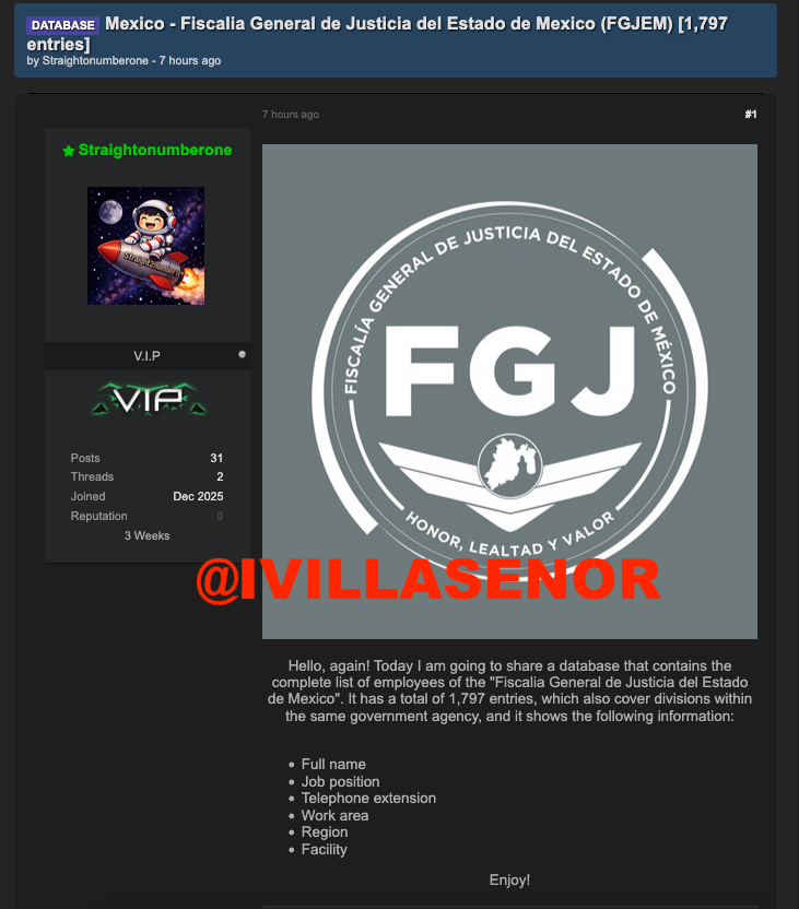 ivillasenor's tweet photo. 🔴 | Filtran datos de agentes de las fiscalías de Estado de México y Baja California en foro criminal

El usuario Straightonumberone ha filtrado información que permitiría ubicar a agentes y funcionarios. En Edomex, se expone a 1,797 personas, en BC a 1,304.

Es más sensible el caso de BC, considerando que además del nombre, cargo y ubicación de trabajo, se integra la clave CUIP y correos electrónicos personales.