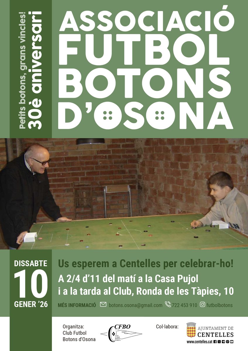 Celebrem el 30è aniversari de l'Associació Futbol Botons d'Osona!
📅 Dissabte 10 de gener
🕑 A les 10.30 h a la Casa Pujol
🕑 A la tarda al Club, Rda. de les Tàpies, 10
Petits botons, grans vincles!