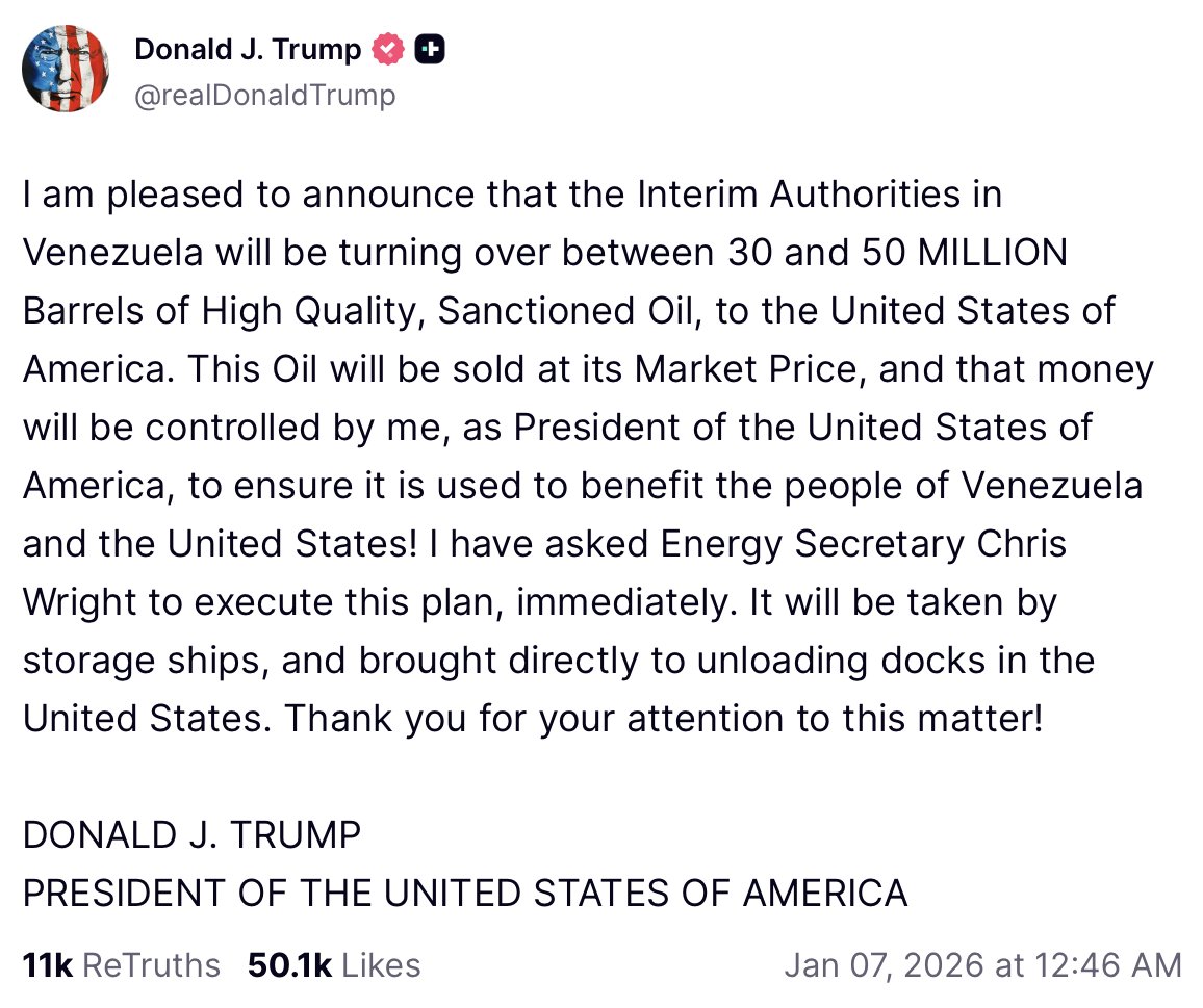 💥BREAKING:

🇺🇸 TRUMP SAYS VENEZUELA WILL TURN OVER 30–50 MILLION BARRELS OF SANCTIONED OIL TO THE U.S.