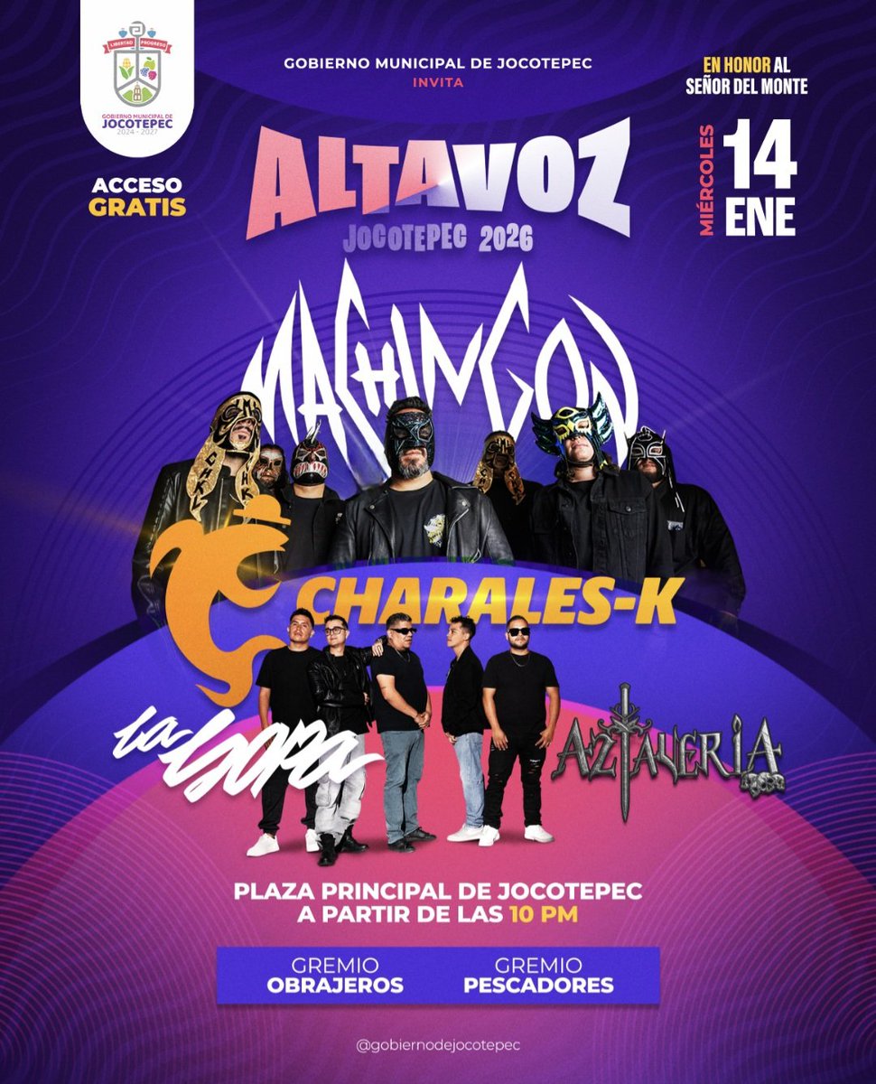 Nos vemos de hoy en 8!!!
Próximo MIERCOLES
Arrancamos el año junto a bandas hermanas 🙌
Vámonos todos a las Fiestas en Honor al Señor del Monte, en Jocotepec. 
PRÓXIMO MIÉRCOLES, 14 DE ENERO 🎶
📍 Plaza Principal de Jocotepec
🎟️ Acceso libre
#Machingon
#jocotepec #jaliscomexico